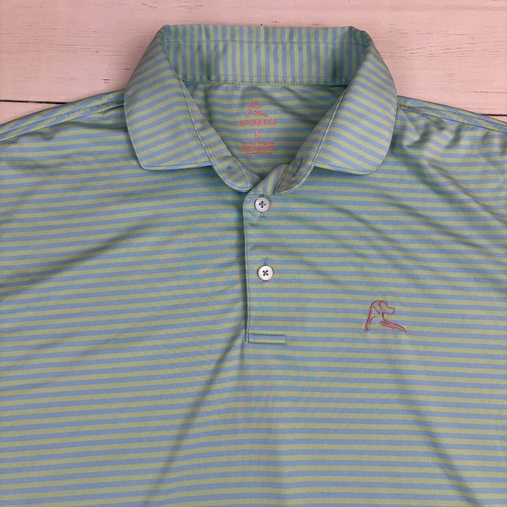 Rhoback Polo Shirt Mens L Blue Blue Striped Golf Performance Short Sleeve